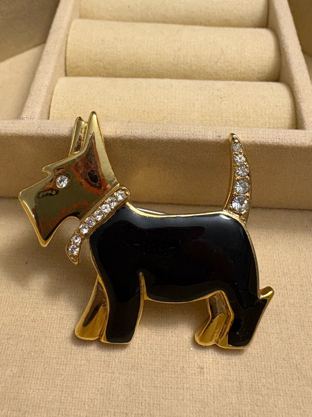 Gold & Black Scottie Dog Brooch with Crystal Accents
